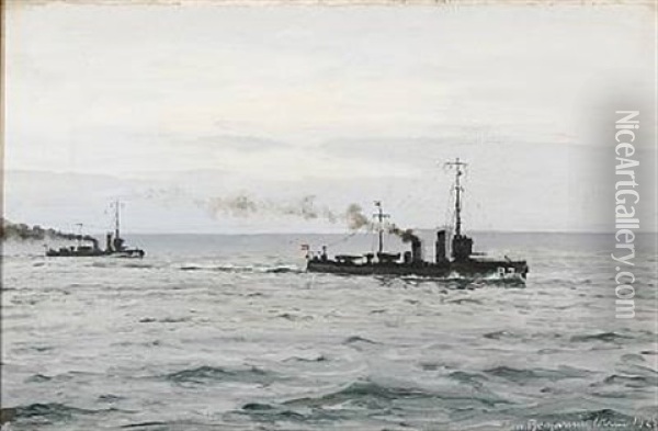 Seascape With Danish Warships Oil Painting - Christian Benjamin Olsen