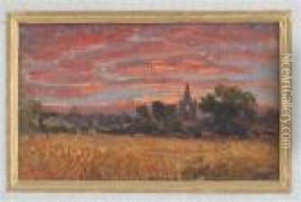 A Church At Dusk; A Ruined Castle Oil Painting - John Linnell