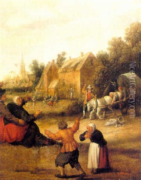 A Village Scene With A Horse-drawn Cart Oil Painting - Joost Cornelisz. Droochsloot