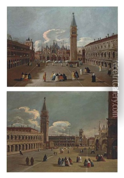 A View Of Saint Mark's Square, Venice, Looking East Towards The Basilica And The Campanile (+ A View Of The Piazzetta, Venice, Looking North...; Pair) Oil Painting - Bernardo Canal