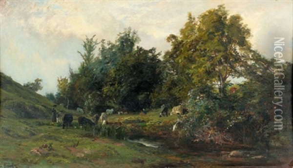 Landschaft Mit Weidenden Kuhen An Einem Weiher Oil Painting - Henri Arthur Bonnefoy