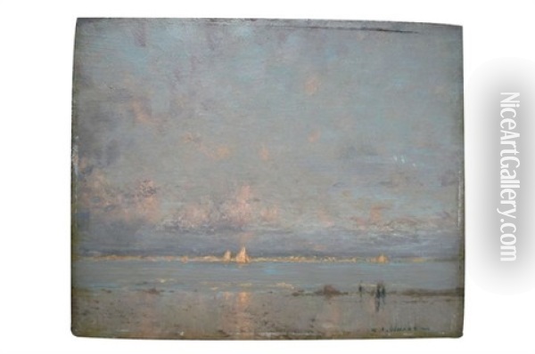 Plage Du Pouliguen Au Crepuscule (+ Voiliers Au Soleil Couchant; 2 Works) Oil Painting - Raoul Andre Ulmann