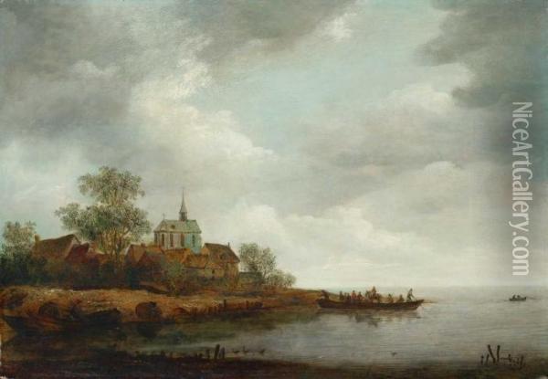 Flusslandschaft Mit Blick Auf Ein Dorf Mit Kirche Oil Painting - Adriaen Van Der Kabel