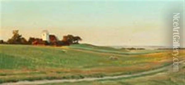 Danish Summerlandscape With A Village Church Oil Painting - Harald Slott-Moller