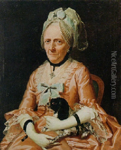 Portrait Of A Seated Old Lady Holding A Dog On Her Lap Oil Painting - Giuseppe Baldrighi