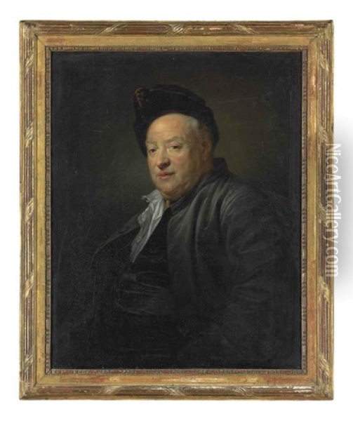 Portrait Of Etienne Jeurat, In A Brown Cap And Jacket Oil Painting - Jean Baptiste Greuze