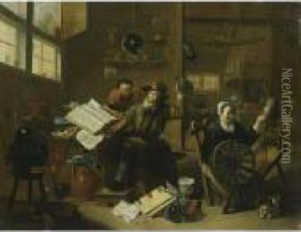 An Interior Scene With An 
Alchemist And His Assistant, Together With A Woman Behind A Spinning 
Wheel And A Cat Oil Painting - Matheus van Helmont