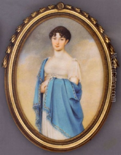 Countess Therese Apponyi In White Dress With Short Chiffon Sleeves, Floral Bordered Light Blue Cashmere Stole, Her Brown Hair Plaited And Upswept Oil Painting - Franziska Schoepfer