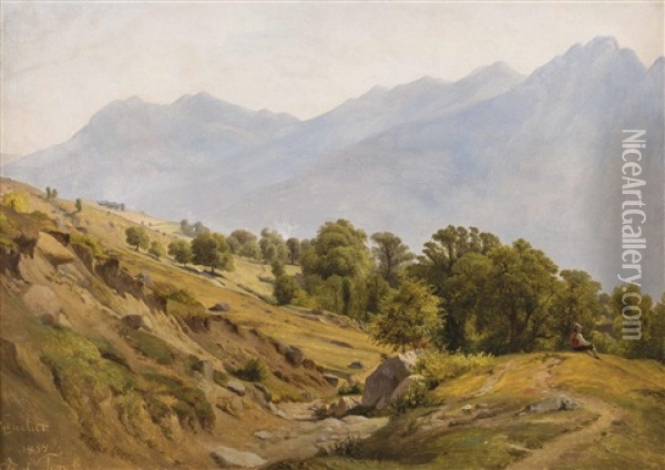 Sudtiroler Gebirgslandschaft Bei Dorf Tirol Mit Ruhendem Wanderbursch Oil Painting - Ludwig Heinrich Theodor (Louis) Gurlitt