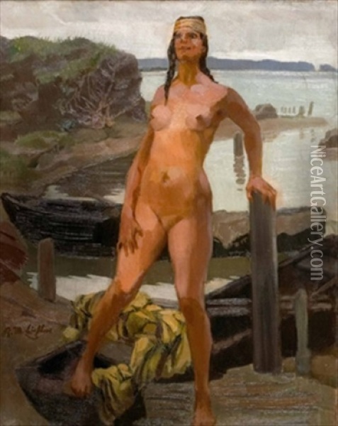 Weiblicher Akt Am Bootssteg Oil Painting - Reinhold Max Eichler
