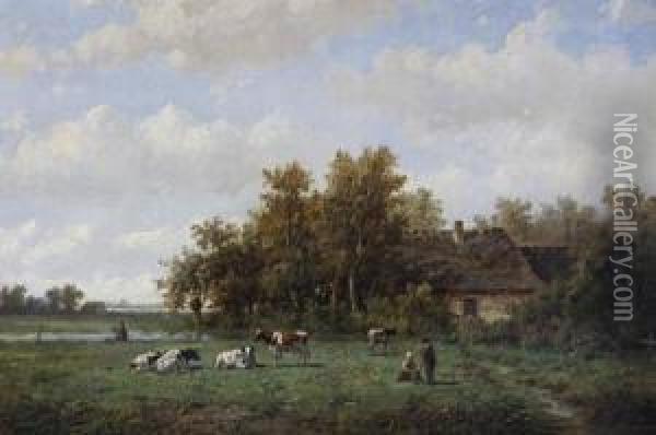 Cattle In A Summer Meadow Oil Painting - Anthonie Jacobus Van Wyngaerts