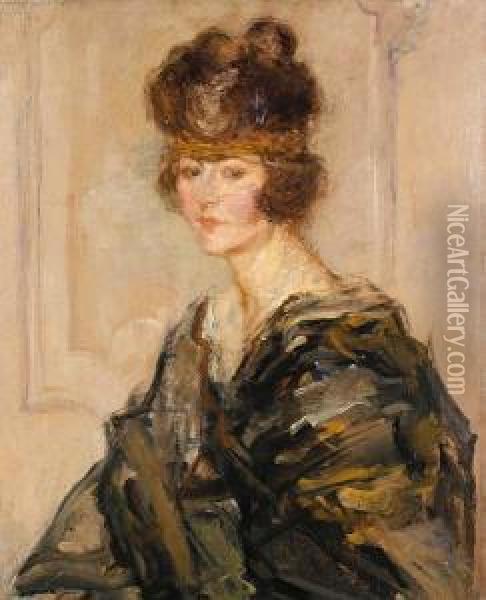 Bust Length Portrait Of A Society Lady Oil Painting - Albert De Belleroche