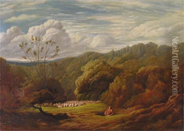 A Shepherd And His Flock In A Pastoral Landscape Oil Painting - Frederick William Hulme