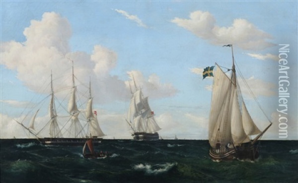 Seascape With Danish And Swedish Ships Oil Painting - Viggo Fauerholdt