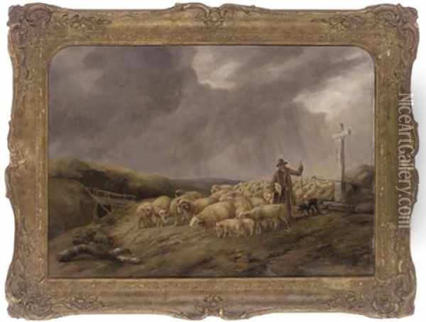 A Shepherd With His Flock Oil Painting - John Linnell