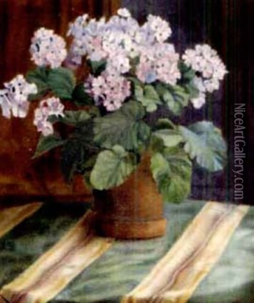 Blumentopf Auf Gestreifter Decke Oil Painting - Albert Bosshard