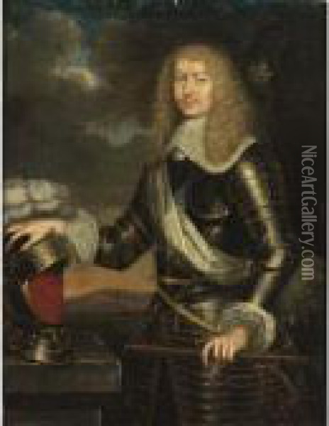 A Portrait Of Francois Emmanuel 
De Bonne De Crequy, Duke Of Lesdignieres, Marshall Of France 
(1624-1684), Standing Three-quarter Length, Wearing Armour Oil Painting - Pierre Le Romain I Mignard