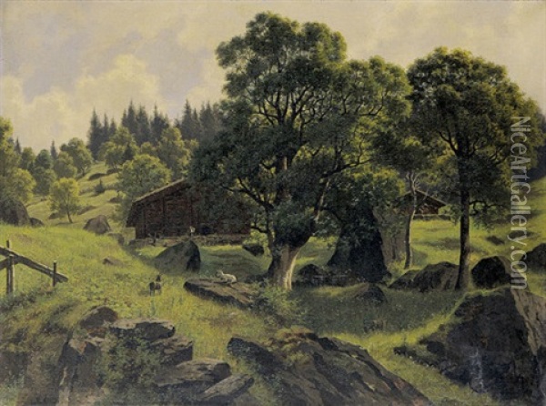 Felsiger Hang Mit Bauernhausern Oil Painting - Wilhelm Bernhard Benteli