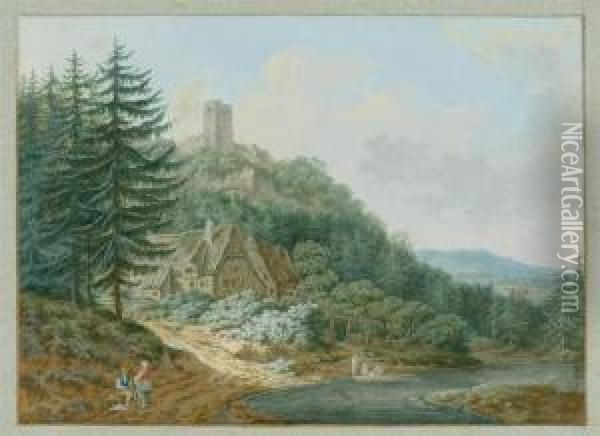 Forested Landscape By A River With Resting Peasants. Farm Andcastle Ruin In Background. Oil Painting - Johann Georg Wagner