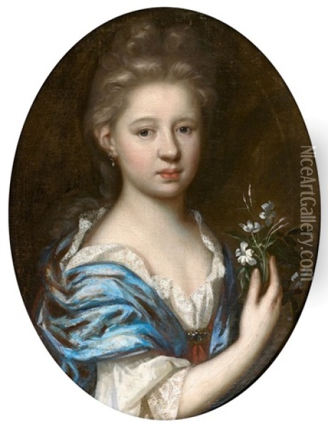 Portrait De Jeune Fille Tenant Un Bouquet De Fleurs Oil Painting - Herman van der Mijn