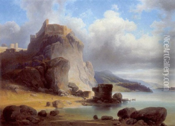 Blick Auf Den Fels Von Theben Mit Burgruinen, Theben An Der Donau Oil Painting - Josef Holzer