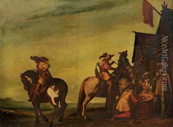 Cavaliers And Soldiers Gambling Outside An Inn, In An Extensive Landscape Oil Painting - Aniello Falcone