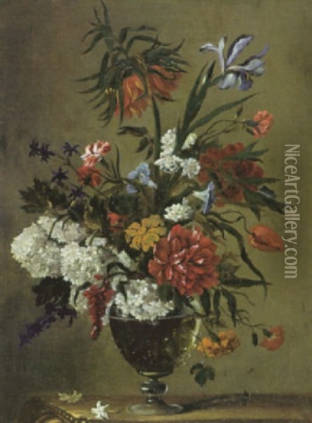 Blumenstilleben Mit Konigskrone, Schneeballen, Lilie, Nelke, Tulpe, Jasmin Und Andere Bluten In Bauchiger Glasvase Oil Painting - Nicolas Baudesson