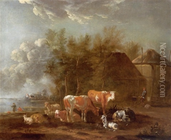 Flusslandschaft Mit Einem Bauernhaus, Einem Bauern Und Einer Herde Mit Kuhen, Schafen Und Ziegen Oil Painting - Michiel Carree
