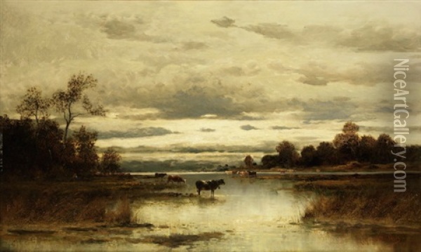 Kuhe Am Flusslauf Oil Painting - Louise J. Guyot