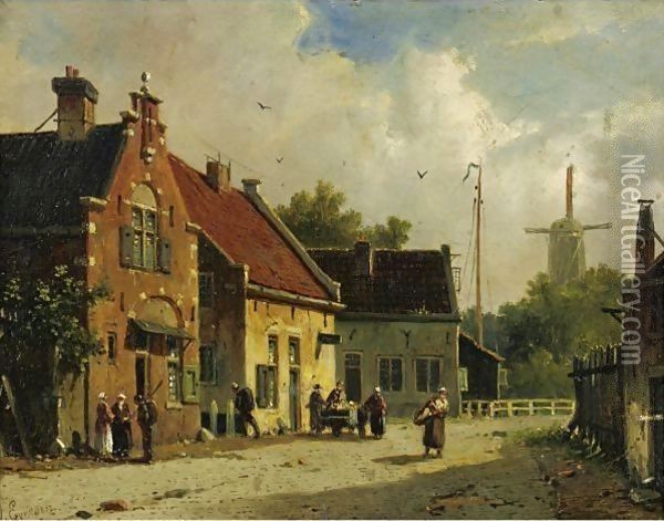 Village Street, Windmill In The Distance Oil Painting - Adrianus Eversen