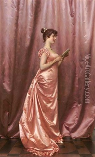 Elegant Lady In Pink Oil Painting - Vittorio Reggianini