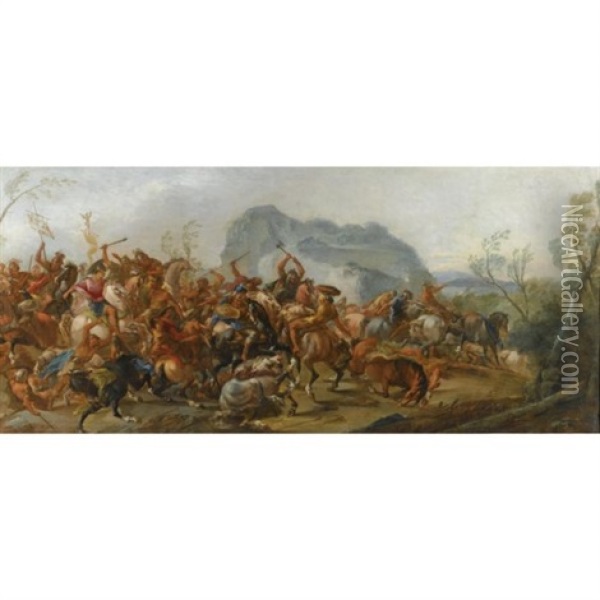 A Battle Between Scipio Africanus And The Carthaginians Oil Painting - Francesco M. Raineri (Schivenoglia)