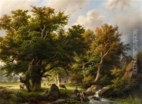 Landscape With Trees And Cows By A Stream Oil Painting - Barend Cornelis Koekkoek