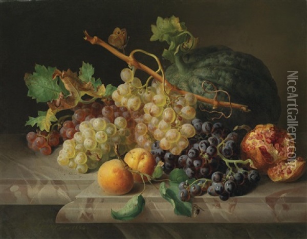 Stillleben Mit Granatapfel, Weintrauben Und Melone Oil Painting - Josef Lauer