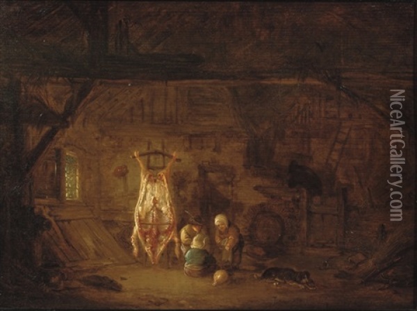 A Barn Interior With A Slaughtered Pig, Children Playing Nearby Oil Painting - Isaac Van Ostade