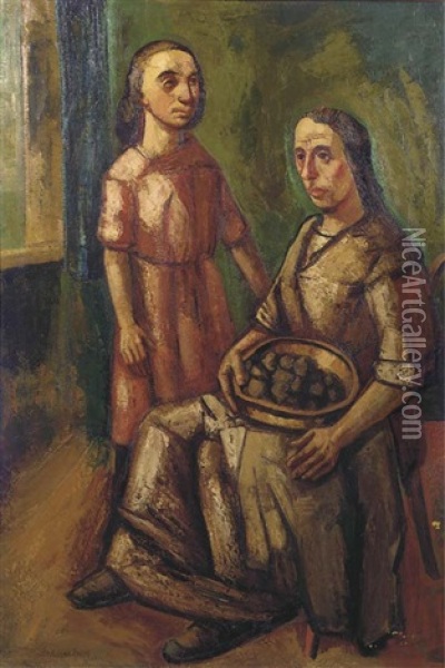 Aardappelschillende Vrouw Met Dochter Oil Painting - Hendrik Chabot