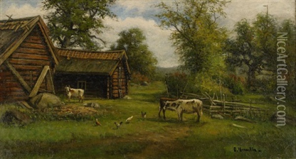 Landskap Med Gard, Kor Och Hons Oil Painting - Olof Hermelin