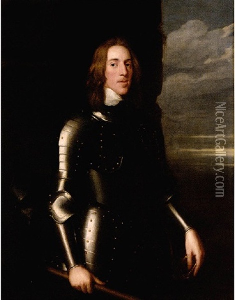 Portrait Of Sir Richard Ingleby Wearing Armour, His Helmet Beside Him, A Baton In His Hand Oil Painting - John Hayls