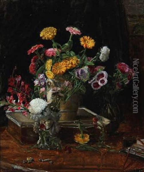 Still Life With Flowers On A Table Oil Painting - Ole Kruse