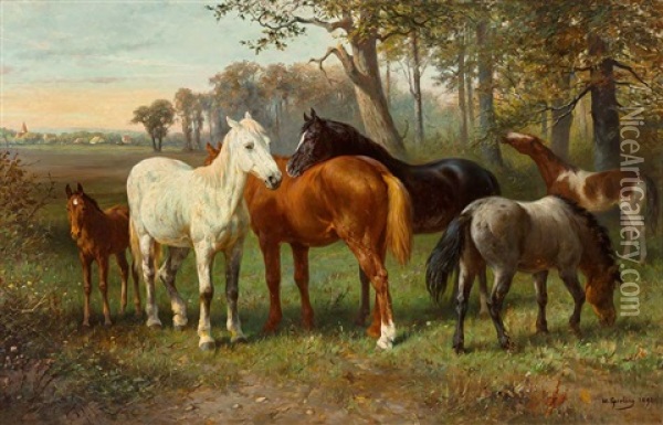 Sechs Pferde In Sommerlicher Landschaft, Im Hintergrund Ein Kirchdorf Oil Painting - Heinrich Sperling