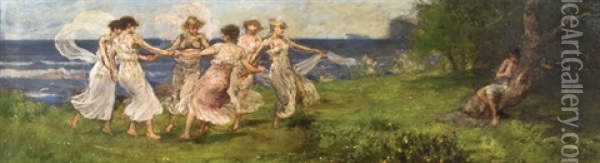 Springtime, Nymphs Dancing On A Clifftop Oil Painting - Arthur Hardwick Marsh