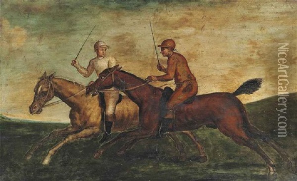 A Bay Racehorse And A Chestnut Racehorse With Jockeys Up Oil Painting - James Seymour