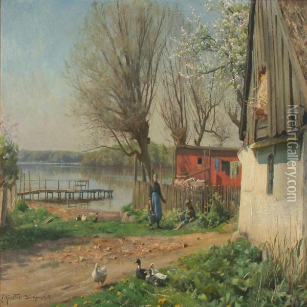 Life On A Farm By A Lake, Spring Oil Painting - Peder Mork Monsted