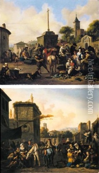 A Roman Street Scene With A Vegetable Market (+ A Roman Street Scene With Market Stalls And Strolling Players; Pair) Oil Painting - Johannes Lingelbach