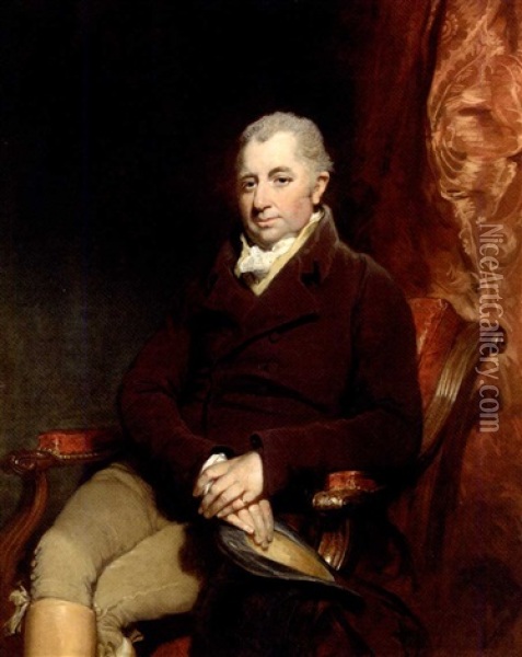 Portrait Of Sir Charles Morgan, 2nd Bt. In A Brown Coat And Buff Breeches, Seated In An Armchair By A Draped Red Curtain Oil Painting - William Owen