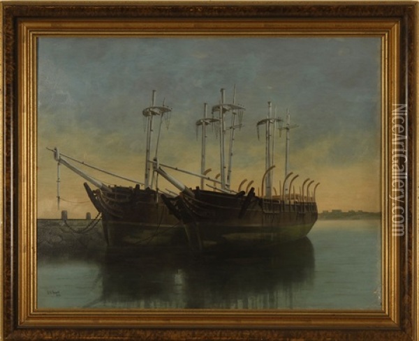 Whaleships In New Bedford Harbor Oil Painting - Edmund N. Russell