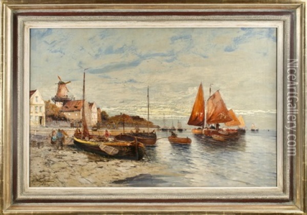 Hollandischer Fischerhafen Bei Ebbe Oil Painting - Georg Fischhof