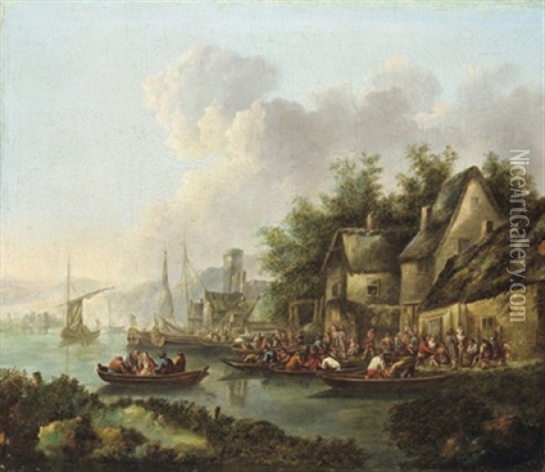 Dorf An Einem Fluss Mit Vielen Booten Und Figuren Oil Painting - Rutger Verburgh
