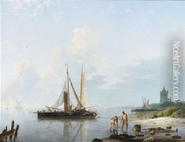 A Coastal Scene With Fishermen Oil Painting - Hermanus Koekkoek the Elder
