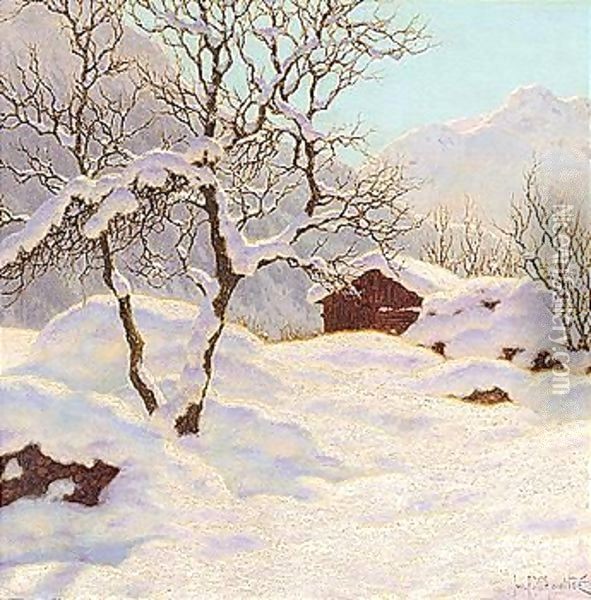 Mountain cabin under snow Oil Painting - Ivan Fedorovich Choultse